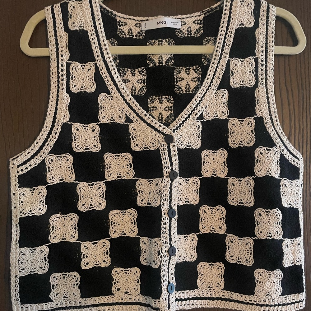 Mango Black and Cream Crochet Blouse